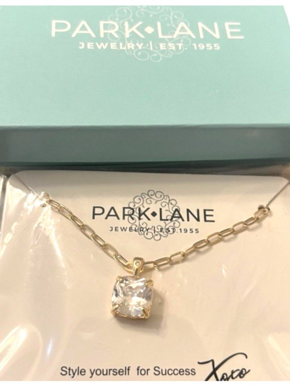 Park Lane Veil Necklace Gold Tone CZ Cushion Cut Paperclip Chain New Gift Box